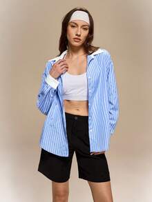 Firalyn Women's Color Block Long Sleeve Collared Button Striped Casual Commuter Wear Blouse, Spring/Autumn/Winter - Blue - View 1