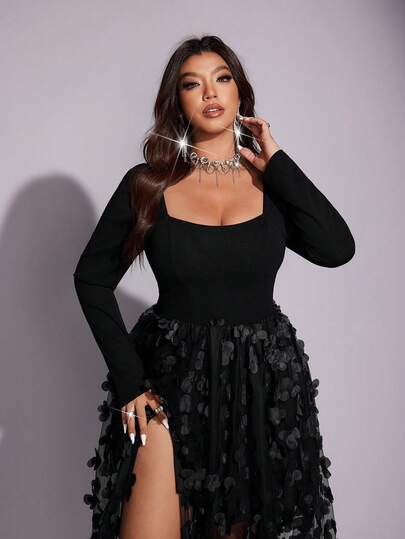 Viva Relle Valentine Plus-Size Women's New Year Square Neckline Long-Sleeve And Floral Mesh Side Slit Fashionable Sexy Party Dress