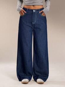 Teen GirlVertical Striped Dark Blue Loose Fit Jeans - Dark Wash - View 4