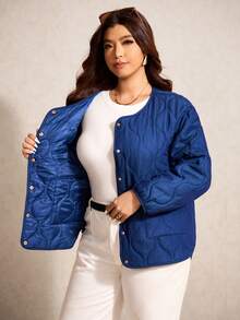 Elaquor Plus Size Solid Color Round Neck Front Button Closure Long Sleeve Warm Padded Coat, Casual For Winter