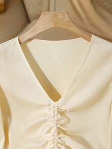GlowEve Champagne V-Neck Long Sleeve Tie-Front Elegant Blouse For Women - Champagne - View 3