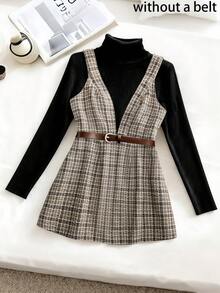 Chiquease Váy chữ A cạp 2 dây cổ chữ V sâu bằng vải tuýt kẻ caro: Váy ngắn thanh lịch cổ điển/Váy có dây đeo gợi cảm - màu nâu - Xem 1