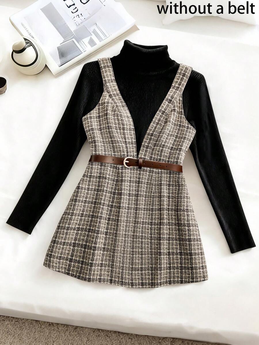 Chiquease Váy chữ A cạp 2 dây cổ chữ V sâu bằng vải tuýt kẻ caro: Váy ngắn thanh lịch cổ điển/Váy có dây đeo gợi cảm - màu nâu - Xem 1