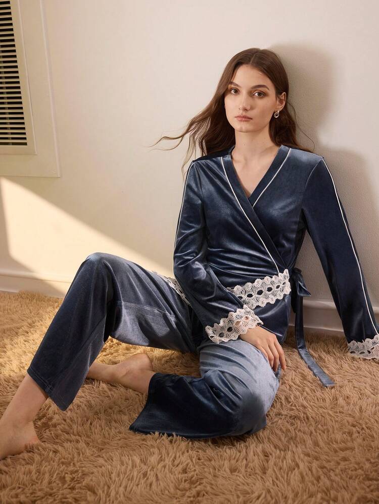 VELVET CASUAL CONTRAST LACE TOP & PANTS LOUNGE SET