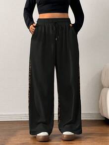 SHEIN EZwear Plus Size Autumn, Winter Casual Leopard Print Patchwork Sweatpants Graduation, Back To School, Teacher For Women - Black - View 3