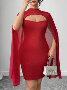 Elenzga Plus Size Women's Heavily Embellished Sexy Chiffon Patchwork Bodycon Dress - Red - View 6