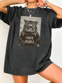 EMERY ROSE Plus Size Women Cat Print Loose Fit Short Sleeve T-Shirt, Suitable For Everyday Wear - Light Grey - View 1