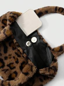 ROMWE Goth 1pc Y2K Fashionable Retro Chic Casual Versatile Large Capacity Faux Rabbit Fur Leopard Tiger Animal Print Tote Bag With Magnetic Snap Closure, Suitable For Women Daily Commute, Holiday Gift - Yellow-brown -5 - View 4