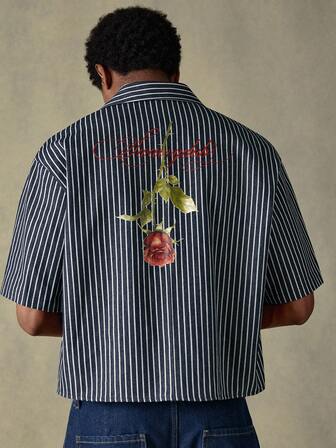 Manfinity Unisex Men's Casual Letter & Floral Print Striped Short Sleeve Single-Breasted Loose Shirt