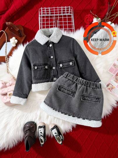 SHEIN 2 st/set för unga flickor, grå denim, termofodrad kort jacka och kjol