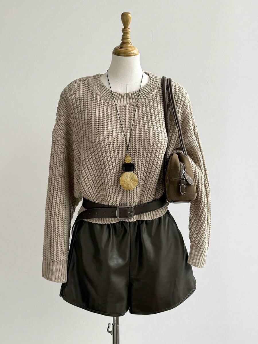 Chiquease Solid Ribbed Knit Drop Shoulder Jumper