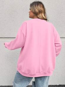 SHEIN CURVE+ 女士加大码休闲宽松纽约图案圆领长袖卫衣，秋冬季情人节款 - 粉色 - 查看 2