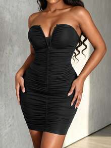 VaVaBold Vestido elegante de mujer con escote en V profundo y fruncido estilo bandeau - Negro - Ver 8