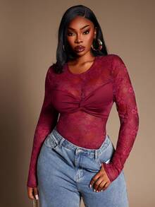Radiana Body de encaje transparente y sexy para mujer de talla grande, adecuado para citas, fiestas, salidas, fiesta de Nochebuena - Rojo - Ver 5