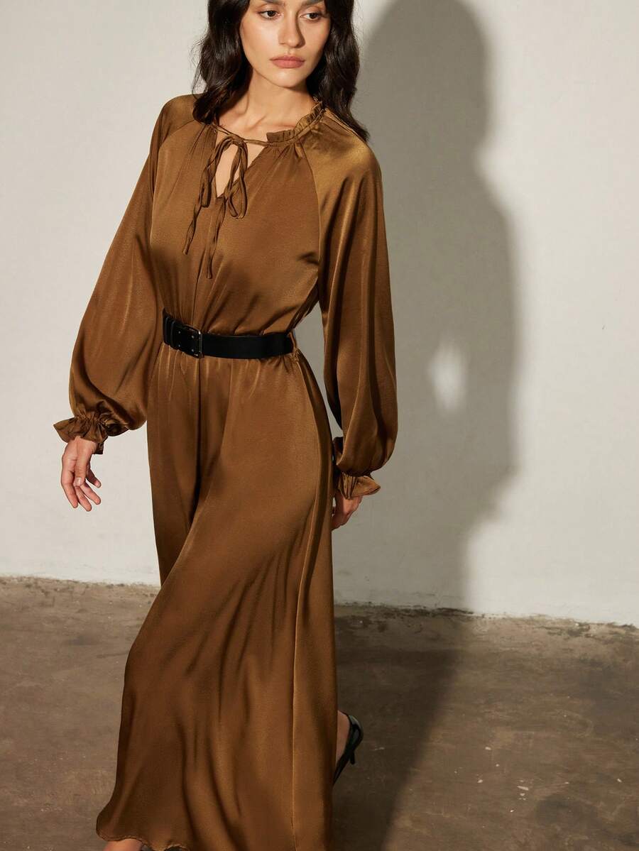 Aveloria Modichic Brown Tie Collar Cinching Waist Midi Dress, Long Sleeve With Belt, Elegant French Retro Style, Suitable For Dates And Afternoon Tea - Brown - View 1