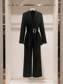 GlowEve Women's Black Decorative Button Waist Blazer And Straight Leg Pants Set