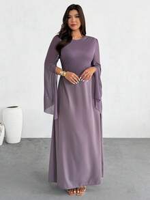 SHEIN Privé Vestido midi cómodo, casual y elegante para vacaciones con mangas con lazo, abertura y bajo acampanado, adecuado para citas, fiestas, té de la tarde, moda en tallas grandes - Morado - Ver 7