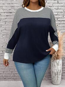 EMERY ROSE Plus Size Casual Striped Patchwork Batwing Long Sleeve T-Shirt, Autumn - Navy Blue - View 6
