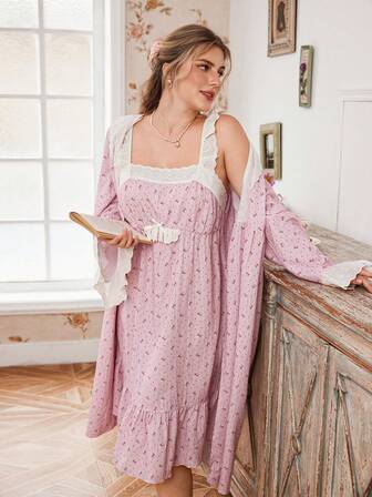 CottageSlumber Plus Size Romantic Contrast Floral Lace Patchwork Tank Dress & Long Sleeve Ruffle Trim Open Front Robe Set, Winter