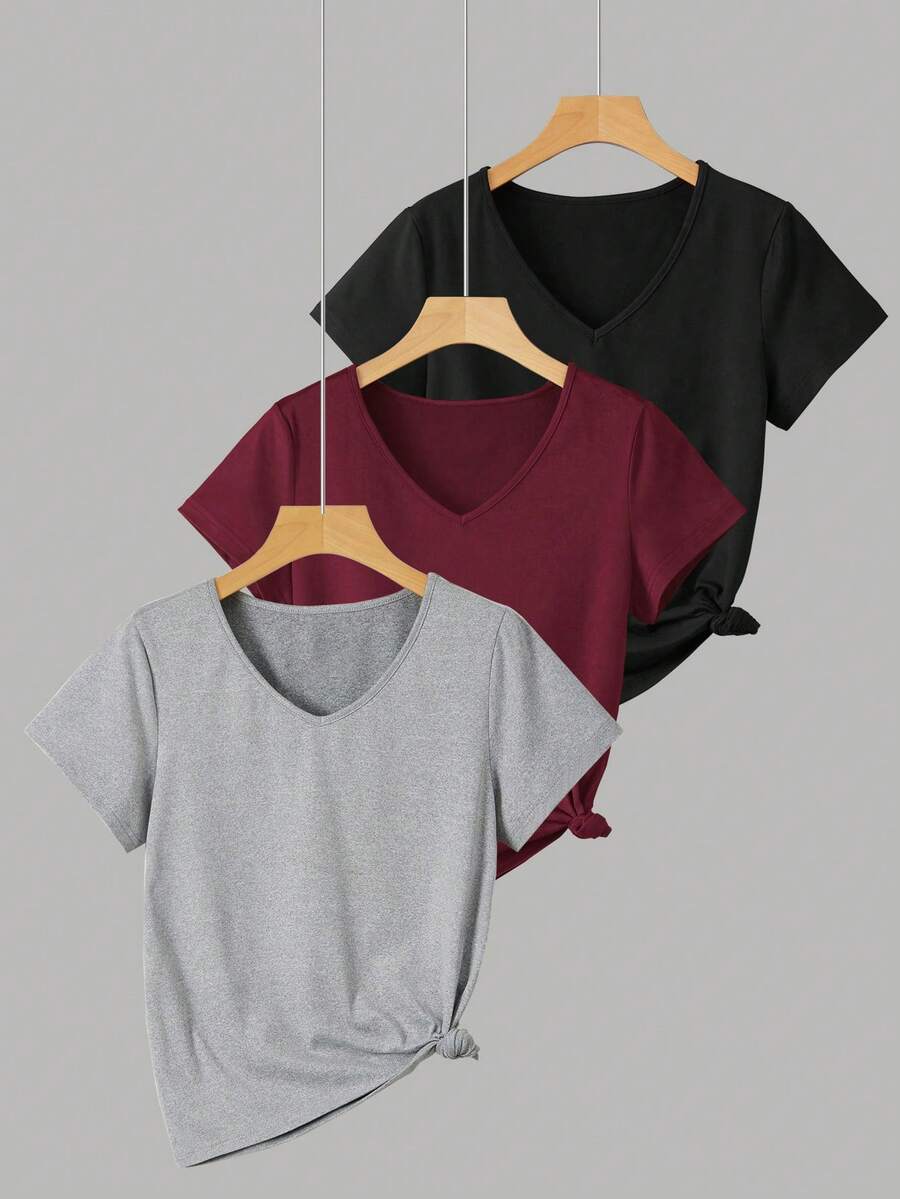 INAWLY Women's Solid Color V-Neck Short Sleeve Casual Versatile T-Shirt - Multicolor - View 1