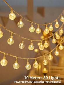 1PC 10/20/40/80 LED Crystal Ball String Lights, Warm White, Battery Operated, For Holiday Party, Romance, Bedroom, Home & Tent Decor