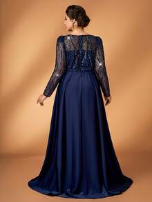 Serin 大码优雅奢华藏蓝色亮片刺绣缎面拼接不对称下摆长袖A字连衣裙，适合晚宴、约会、舞会、婚礼、新娘母亲、宾客等场合。 - 藏蓝色 - 查看 5