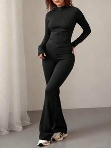 SHEIN Raffinéa Women's Solid Color Long Sleeve Zip-Up Collar Fitted Jacket And Flared Pants Casual 2 Pieces Set - Black - View 3
