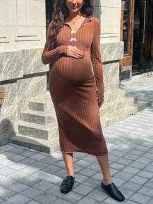 SHEIN Ribbed Striped V-Neck Bow Tie Long Sleeve Maternity Dress, Loungewear - Brown - View 3