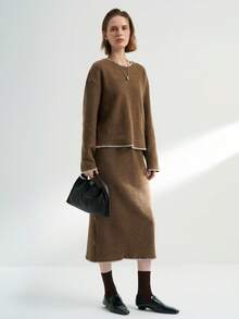 Airaco 女士休闲撞色滚边针织毛衣和半裙两件套，秋冬款 - 棕色 - 查看 4