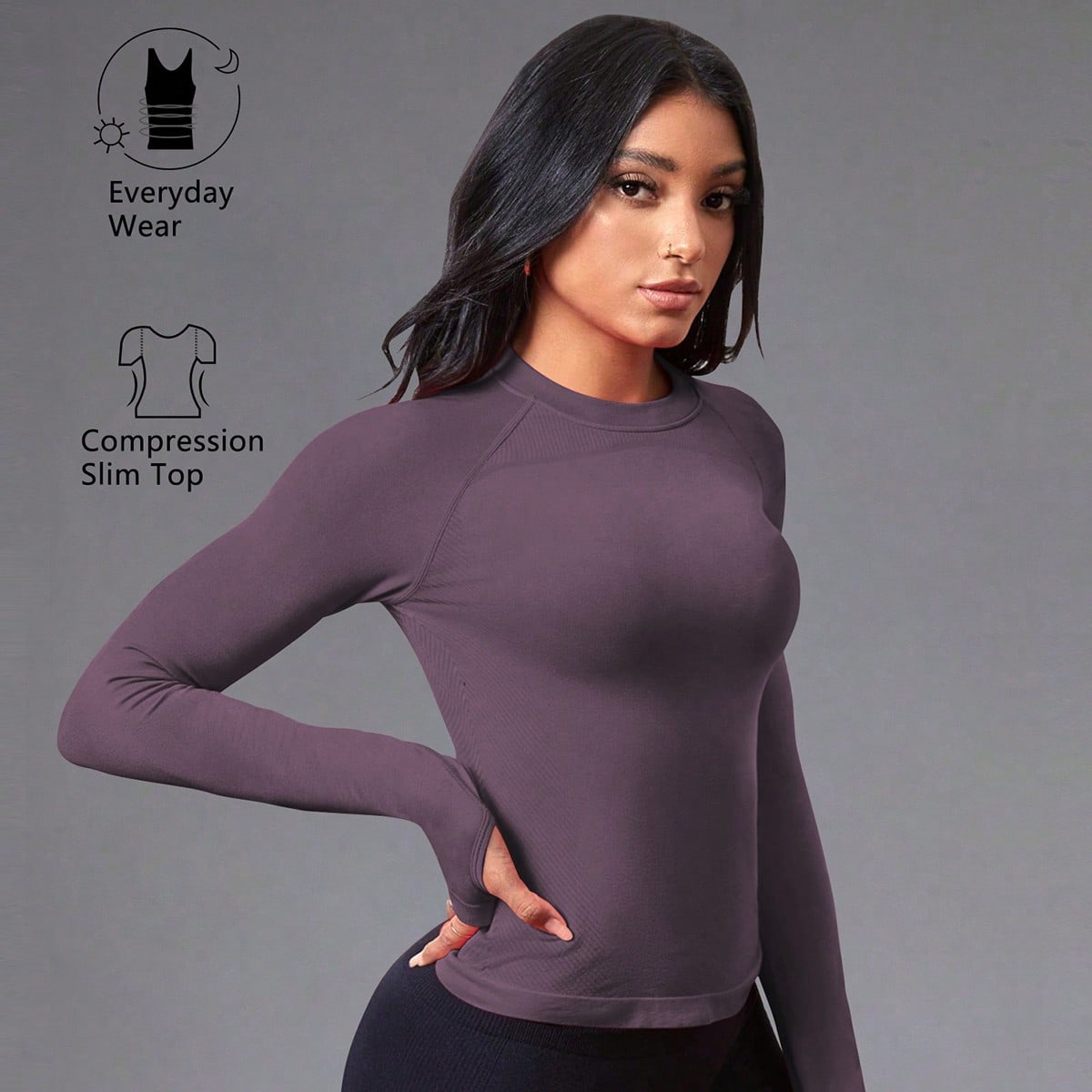 Camiseta deportiva de mujer de unicolor, cuello redondo, manga raglán, ajustada/sin costuras/con agujero para el pulgar
