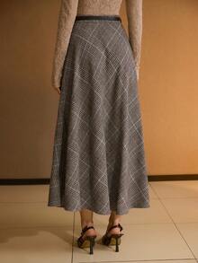 MOTF PREMIUM WOMEN'S HOUNDSTOOTH PLAID PRINT BELTED FLARE SKIRT, AUTUMN/WINTER - Grey - View 3