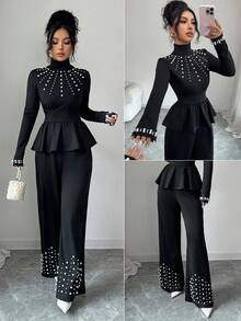 Elenzga Women's Solid Color Faux Pearl Decor Turtleneck Long Sleeve Ruffle Hem T-Shirt And Pants Elegant 2-Piece Set - Black - View 3