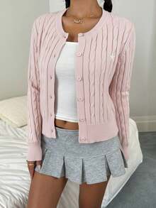 少女皇家蓝休闲纯色圆领长袖宽松短款开衫毛衣，保暖舒适，时尚百搭，适合日常通勤，秋冬季穿着 - 粉色 - 查看 7