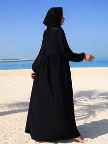 Swim Mulvari 3pcs/Set New Elegant Black Long Sleeve Dress, Jumpsuit Swimsuit & Headscarf Burkini Set, Beach Vacation Outfit For Women, Autumn/Winter Abayas Muslim Women Abayas Dubai Luxury Modest Swim Dress Black Abaya Modest Swimsuit - Black - View 1