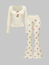 ROMWE J-Fashion قميص أنيق مطرز بالدانتيل مع غزال مطبوع على بنطلون واسع، خريف/شتاء