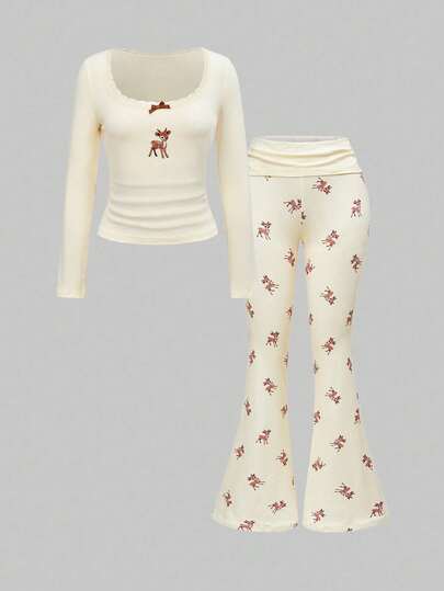 J-Fashion Blusa in pizzo ricamata con cervi abbinata a pantaloni a zampa con stampa di cervi, autunno/inverno