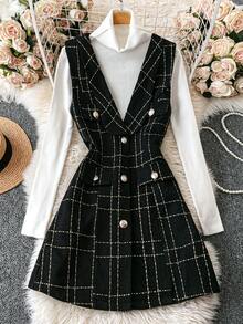 SHEIN Clasi 女式前扣格纹印花优雅无袖休闲夹克 - 黑色 - 查看 5