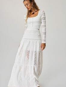 Freevana Women's White Lace 2-Piece Set,Elegant Square Neck Long Sleeve Blouse&Long Skirt,Autumn Holiday Tea Party Vacation Outfit, Beach Resort Wear - White - View 4