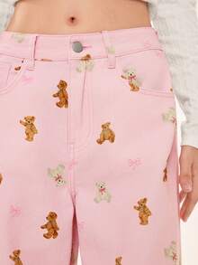 ROMWE Kawaii 可爱公主辣妹熊印花女式牛仔裤 - 粉色 - 查看 6