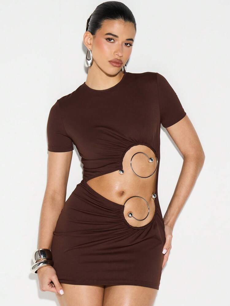 KIZN Brown Cut Out Mini Dress With Metal Rings