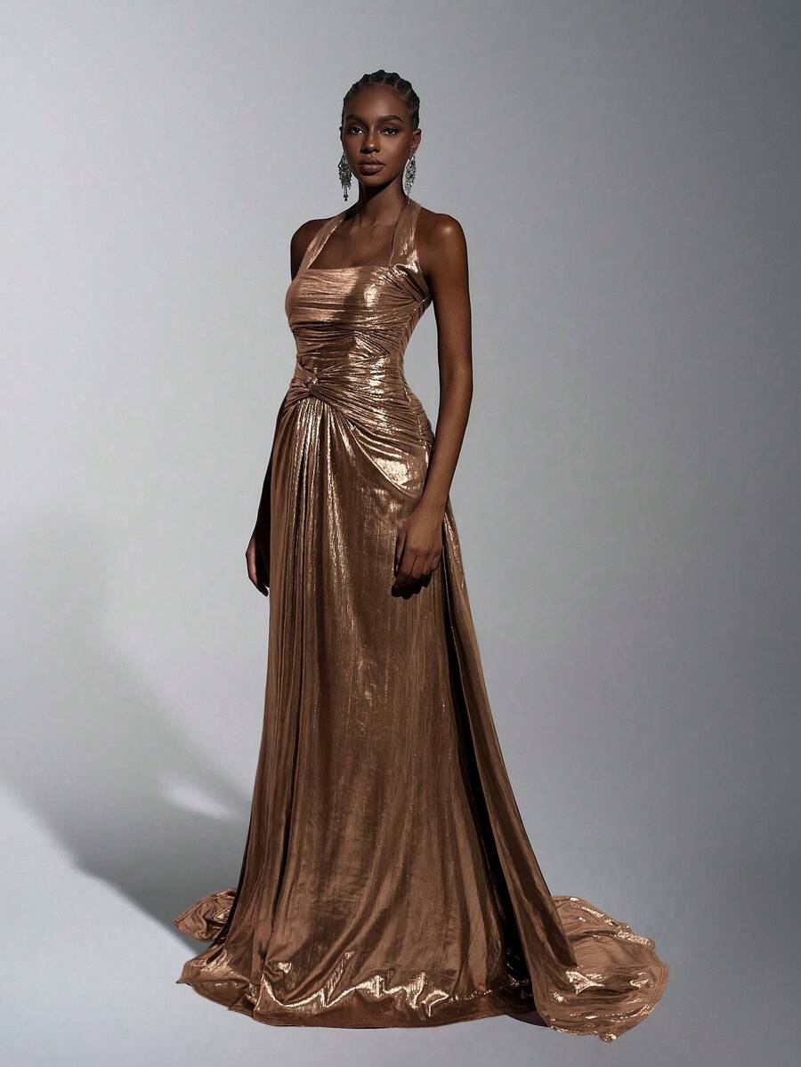Elitara 优雅奢华酒红色闪亮金银线手工褶皱装饰围巾，吊带扭结装饰，A字型飘逸长裙，女士正式晚礼服 - 棕色 - 查看 1