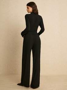 Poéselle 女士优雅两件套：长袖纽扣上衣和阔腿裤 - 黑色 - 查看 8