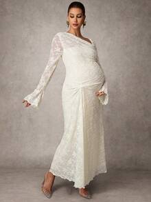 MaterniChic Maternity Clothes Maternity  Dress Spring And Summer Pregnant Clothes White Dress Jacquard One Shoulder Elegant Party Romantic - Apricot - View 6