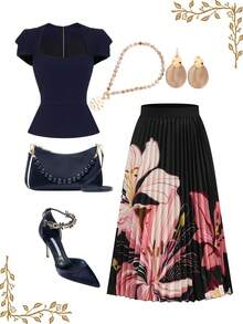 Ellevyn Women's Floral Print Elastic Waist Fashionable Elegant Pleated Midi Skirt - Black - View 1