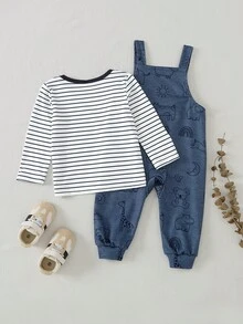 男婴休闲条纹长袖上衣和卡通动物印花长裤套装 - 彩色 - 查看 2