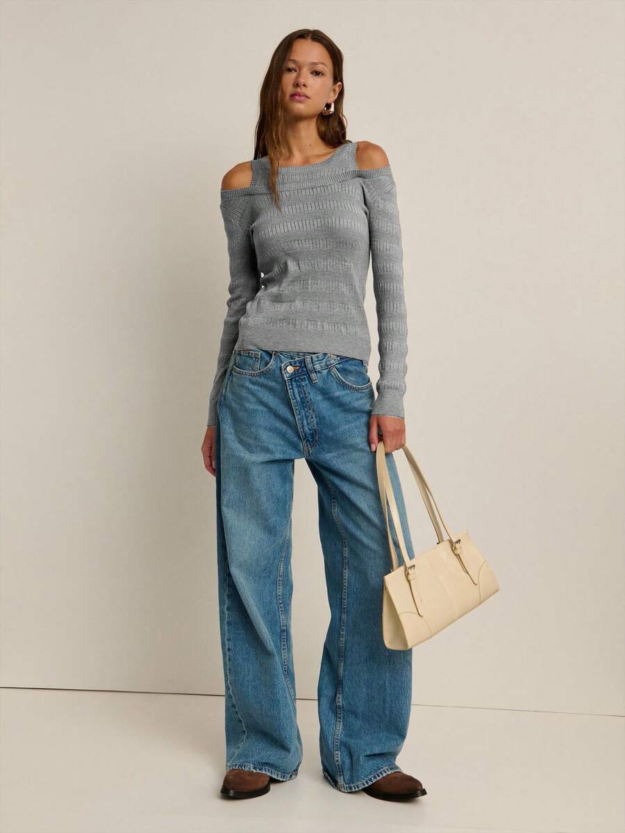Nöista Grey Cold Shoulder Knit Top Sweater,Slim Fit Ribbed Texture Elegant Soft Stretchy Fabric For Autumn,Casual Night Out,Winter Holiday Parties - Grey - View 1
