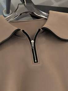 Resyla 宽松公主领半拉链前襟插肩袖上衣 + 松紧腰带斜插口袋休闲裤 - 棕色 - 查看 3