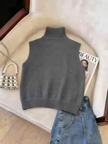 Franclia 早春女士柔软蓬松高领无袖宽松纯色短款优雅针织背心，简约设计，学院风，优雅休闲精致时尚开衫，纽扣细节，适合通勤、宴会、派对、休闲等场合。