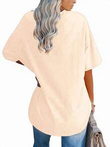 EMERY ROSE Women's Plus Size V-Neck T-Shirt With Leopard Print Heart Design - Casual Short Sleeve Top For Summer & Spring, Medium Stretch Fabric, Machine Washable, Ladies T-Shirts - Apricot - View 2