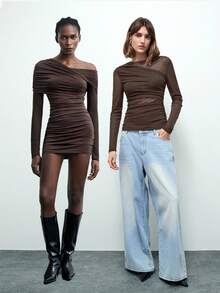 Maija 2025 Robe moulante asymétrique froncée de couleur unie pour femmes, automne - Tabac - Voir 10